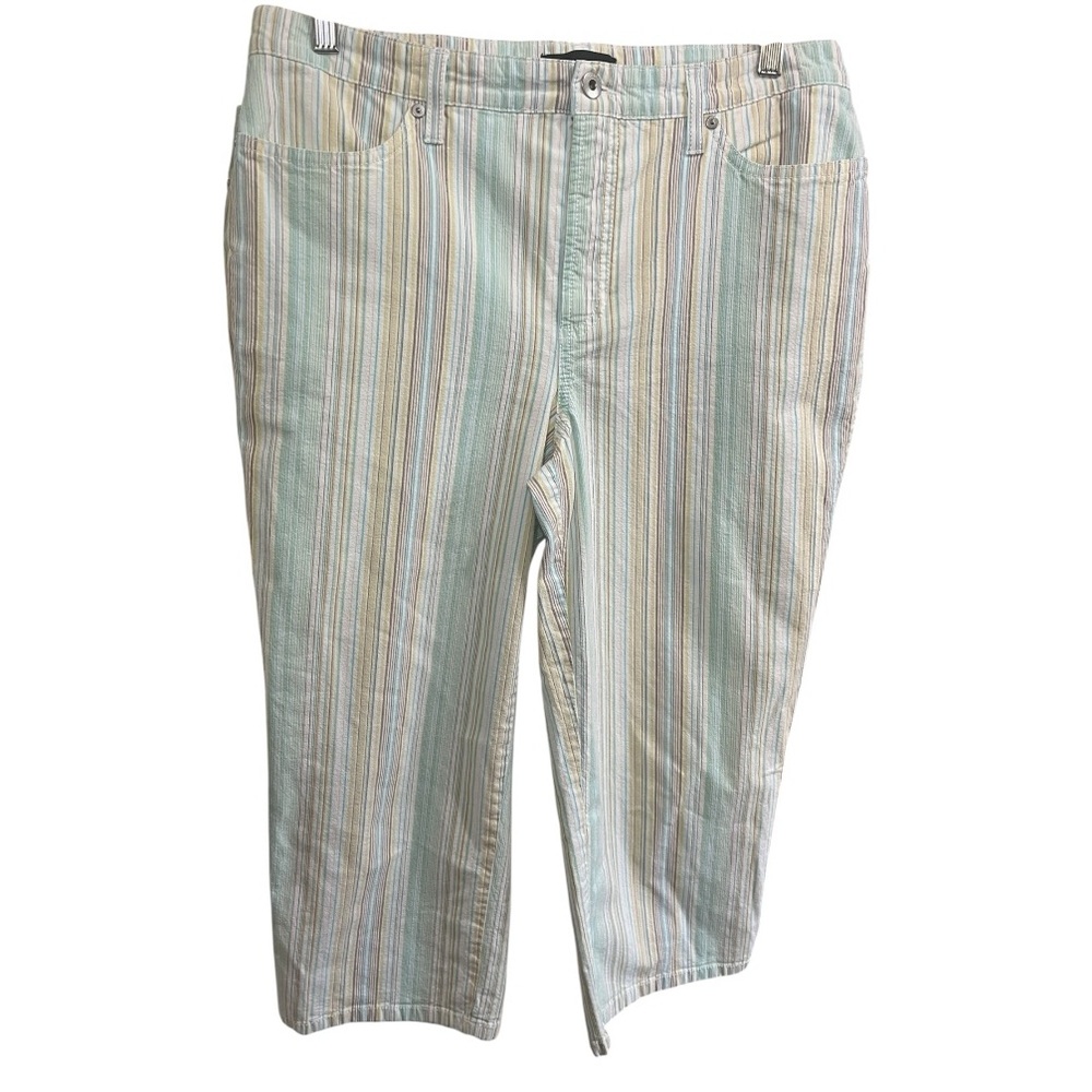 Cambio Jeans Cotton Blend Aqua Gray Yellow White Striped Cropped Pants Sz US 16